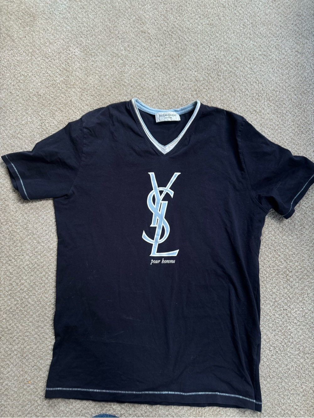 Yves Saint Laurent navy V-Neck YSL Monogram Tee with White Trim